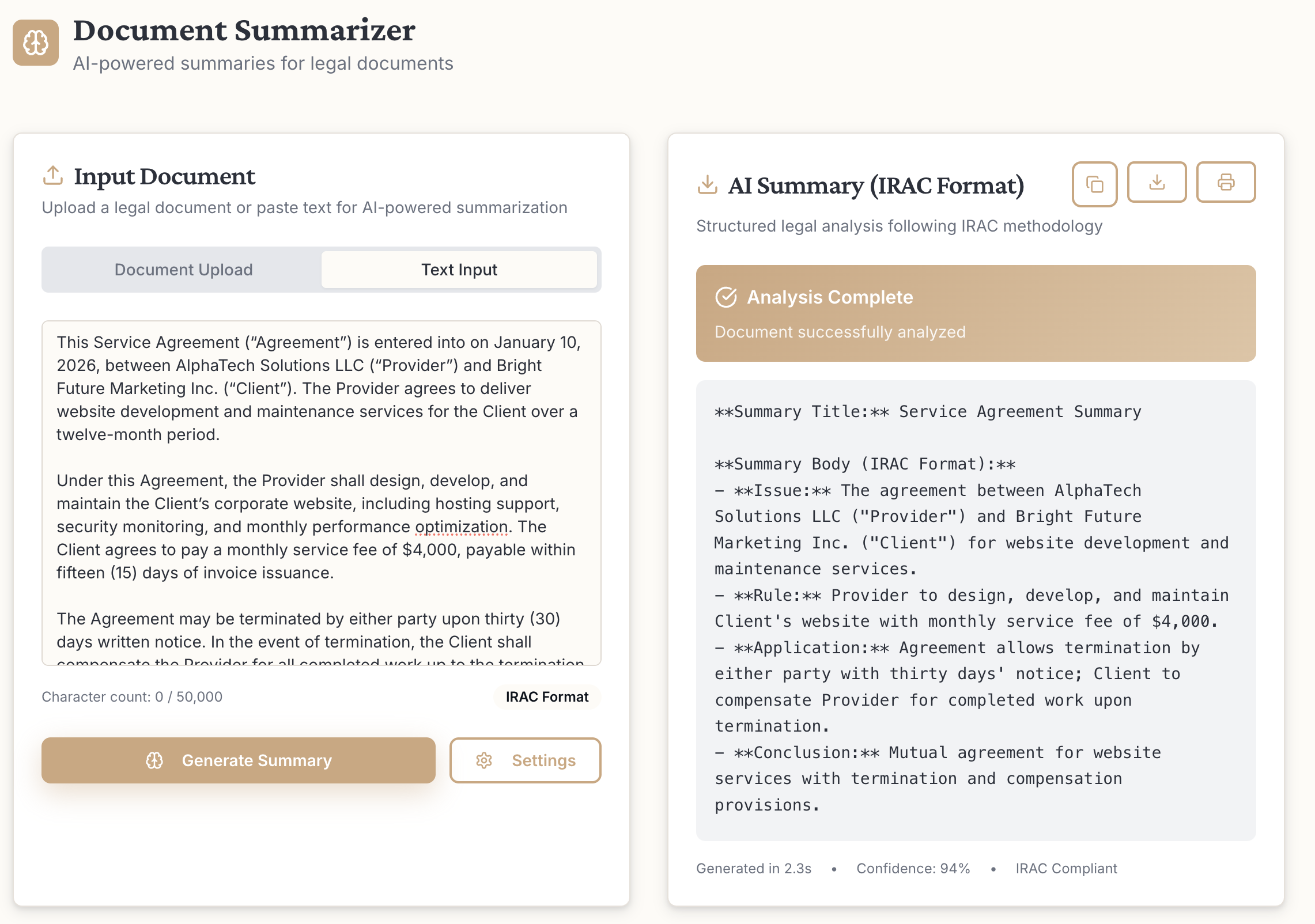 LexOrbit Document Summarizer with upload, IRAC summary, and key term extraction