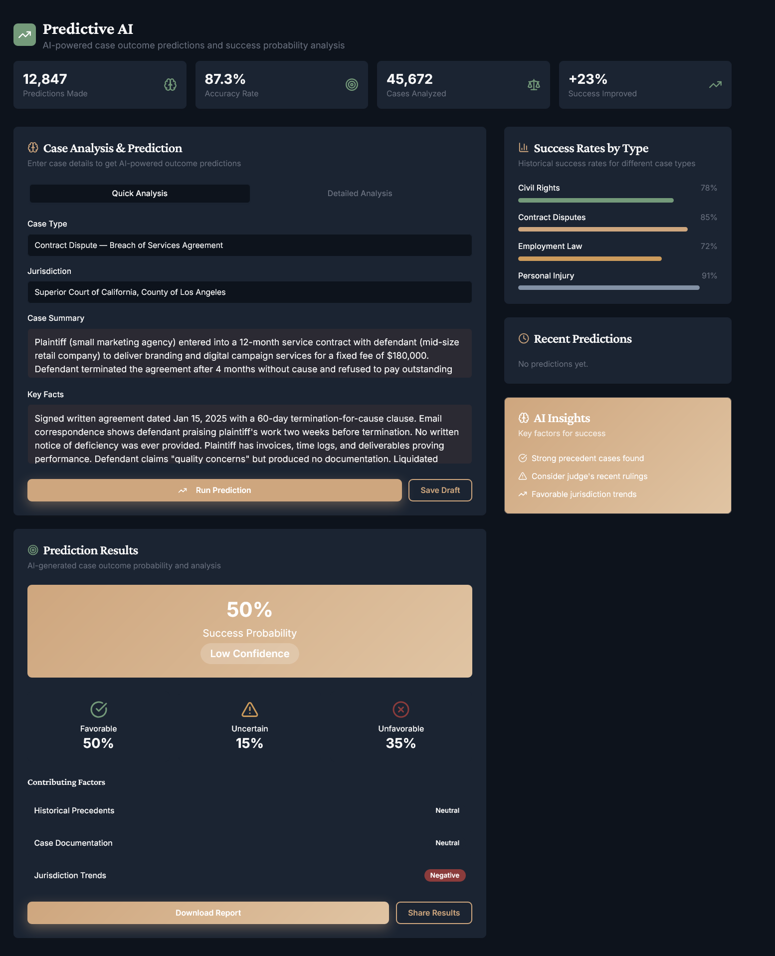 LexOrbit Predictive AI showing case outcome probability, settlement likelihood, and duration