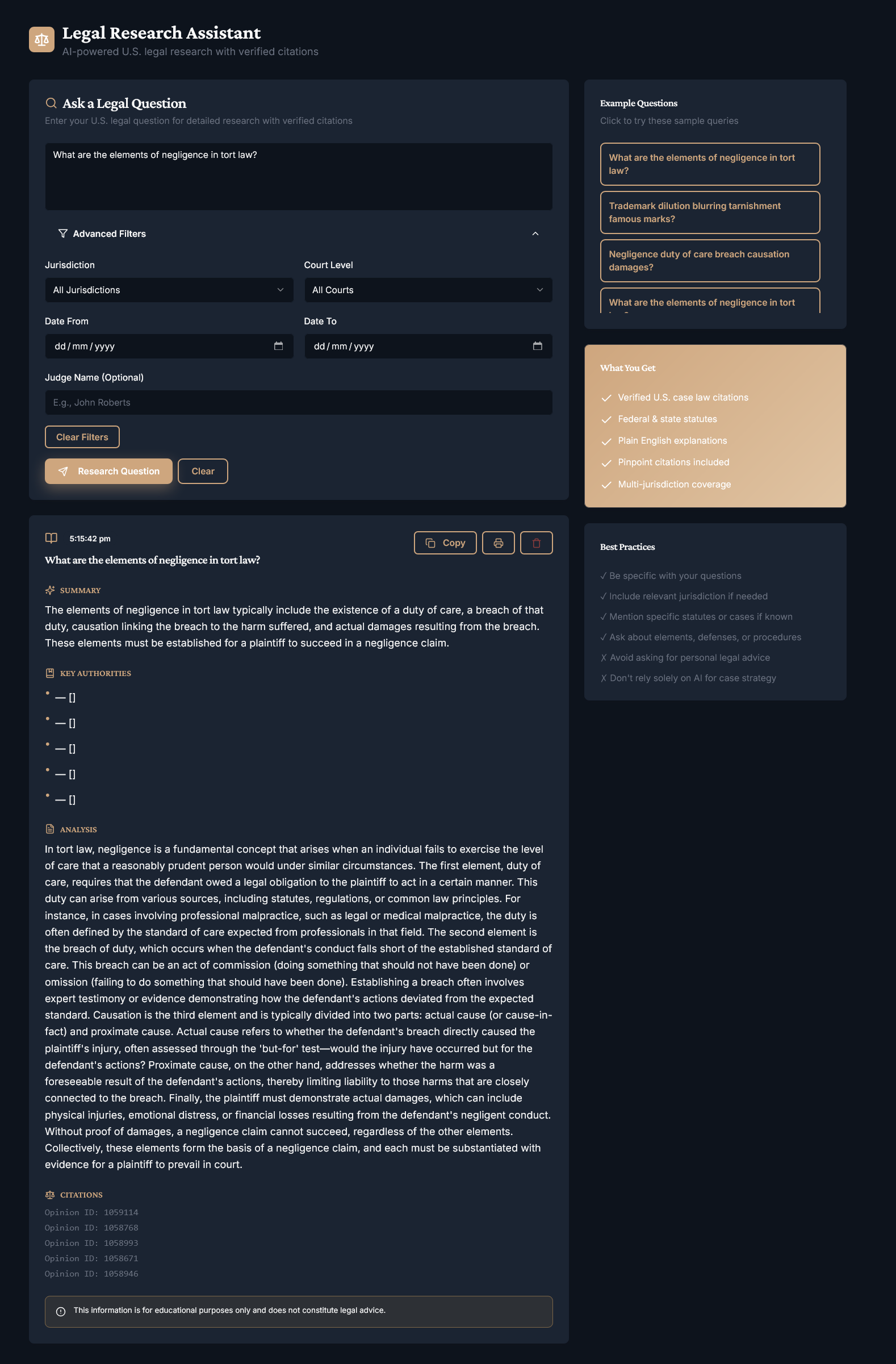 LexOrbit Legal Research Assistant with AI query, filters, summary, and citations